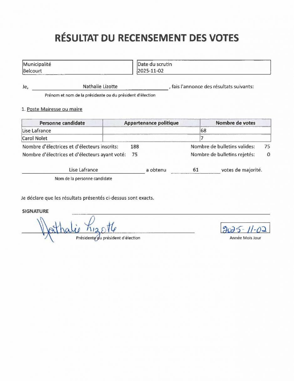 Belcourt Site Résultat Du Recensement Des Votes 2025 11 02 Page 001