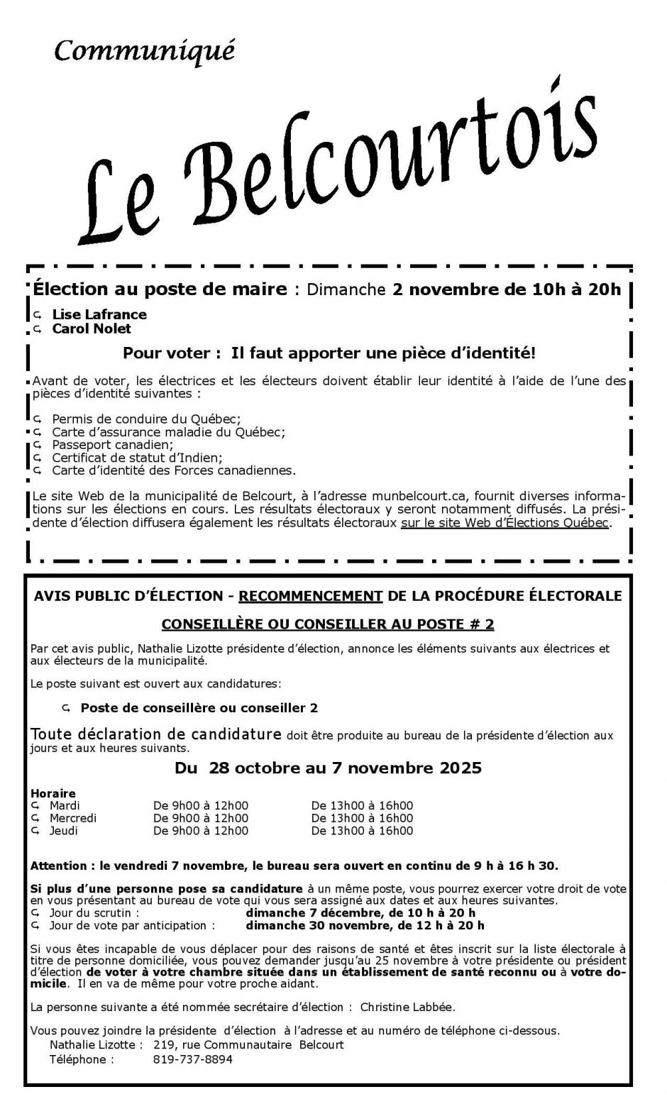 Belcourtois Recommencement procédure électorale