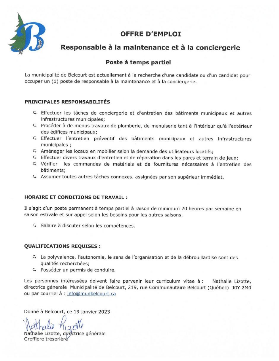 Offre Emploi Maintenance Et Conciergerie Belcourt 2023 Page 001